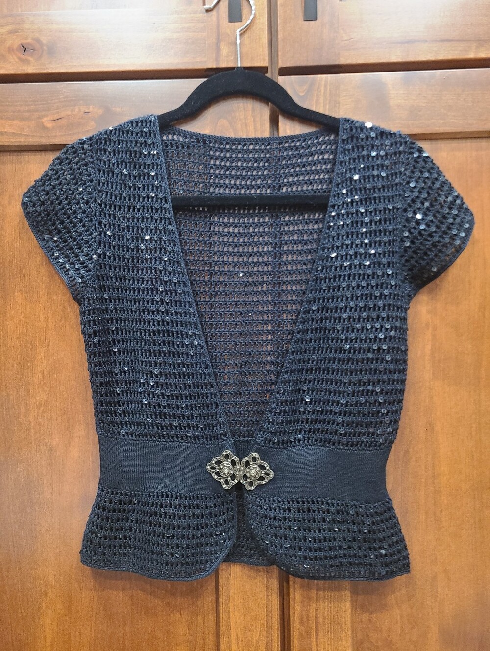 Black Sequin Crochet Short Sleeve Top Cover with Decorative Buckle Womens Medium